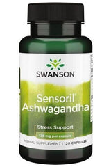 Swanson Sensoril Ashwagandha bottle, 120 capsules, herbal supplement for stress support and relaxation.