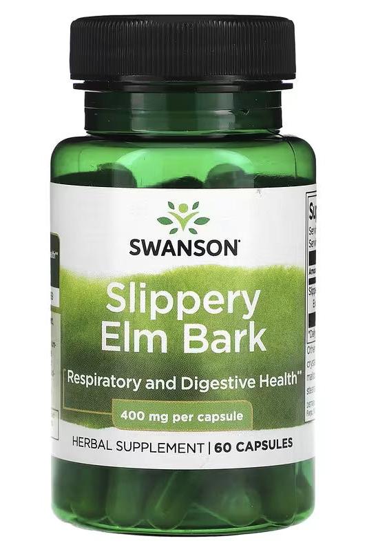 Swanson Slippery Elm Bark supplement bottle with 60 capsules for respiratory and digestive health.