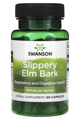 Swanson Slippery Elm Bark supplement bottle with 60 capsules for respiratory and digestive health.
