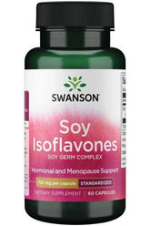 Swanson Soy Isoflavones supplement bottle for hormonal and menopause support, 750 mg per capsule, 60 capsules.