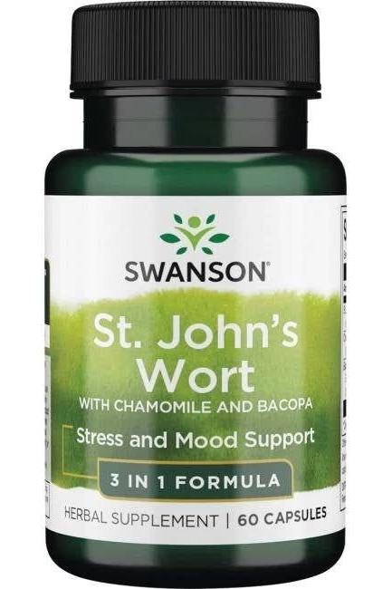 Swanson St. John's Wort with Chamomile and Bacopa herbal supplement for stress support, 60 capsules.