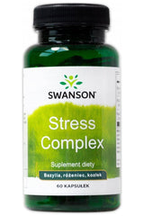 Swanson Stress Complex dietary supplement bottle with 60 capsules, featuring herbal blend for stress support.