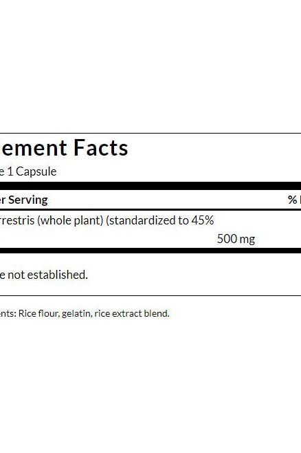 Supplement facts for Swanson Tribulus Terrestris Extract, showing ingredient details and dosage per capsule. Supplement facts for Swanson Tribulus Terrestris Extract, showing ingredient details and dosage per capsule.