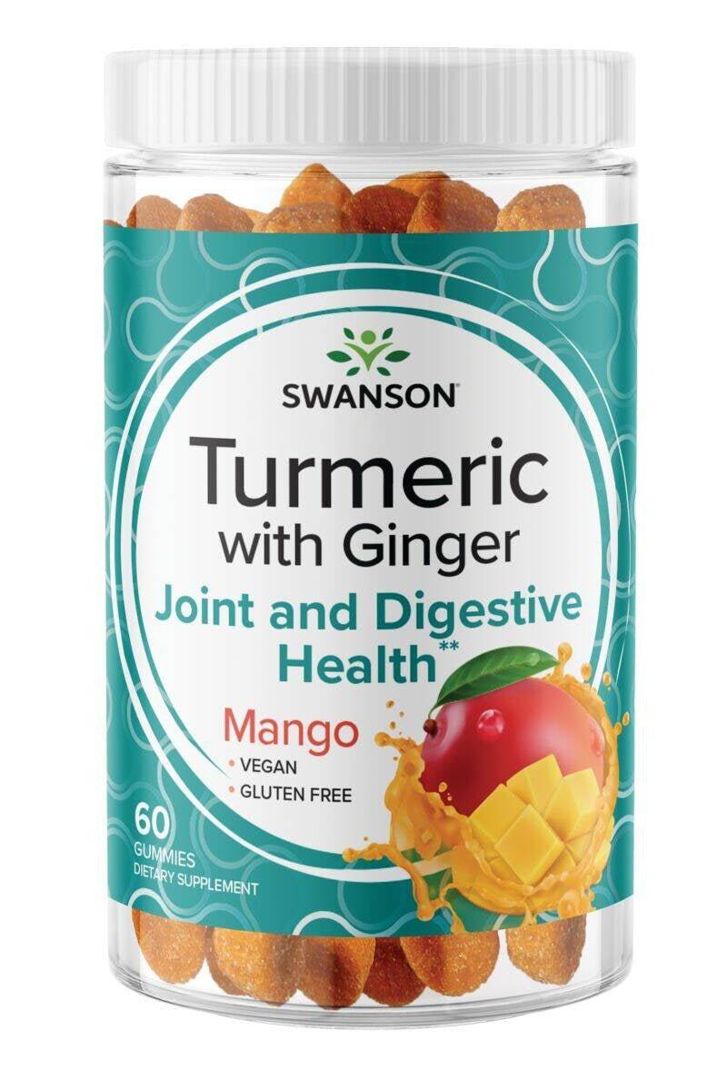 Swanson Turmeric with Ginger Gummies in mango flavor, supports joint and digestive health, vegan, gluten-free, 60 gummies.