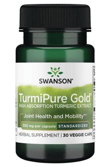 Swanson TurmiPure Gold turmeric extract supplement bottle, promoting joint health and mobility, 30 veggie capsules.