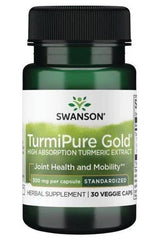Swanson TurmiPure Gold turmeric extract supplement bottle, promoting joint health and mobility, 30 veggie capsules.