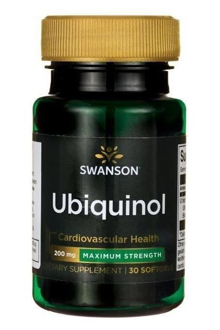 Swanson Ubiquinol bottle, 200 mg, cardiovascular health dietary supplement, 30 softgels.