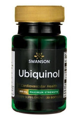 Swanson Ubiquinol bottle, 200 mg, cardiovascular health dietary supplement, 30 softgels.