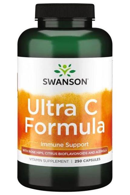 Swanson Ultra C Formula vitamin supplement bottle for immune support, containing 250 capsules with rose hips and bioflavonoids.