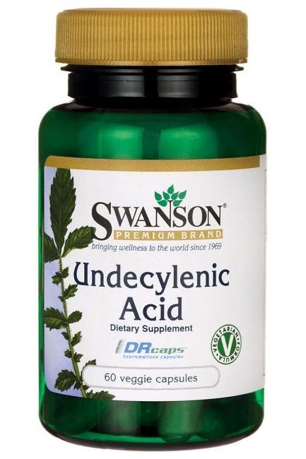 Swanson Undecylenic Acid dietary supplement in a green bottle, 60 veggie capsules for internal health.