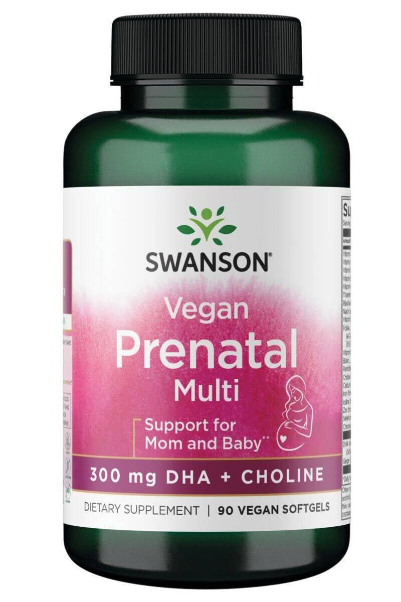 Swanson Vegan Prenatal Multi supplement bottle, with DHA and Choline, 90 capsules for mom and baby's health.