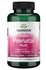 Swanson Vegan Prenatal Multi supplement bottle, with DHA and Choline, 90 capsules for mom and baby's health.