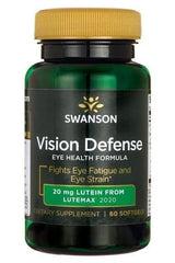 Swanson Vision Defense supplement bottle, supports eye health with lutein, 60 softgels, fights eye fatigue.