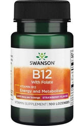 Swanson B12 vitamin supplement bottle with folate, 1000 mcg lozenges in strawberry flavor.