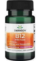 Swanson B12 vitamin supplement bottle with folate, 1000 mcg lozenges in strawberry flavor.
