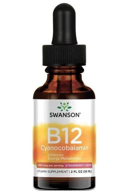 Swanson Vitamin B12 Liquid 59 ml, energy support, strawberry flavor, essential for energy metabolism.