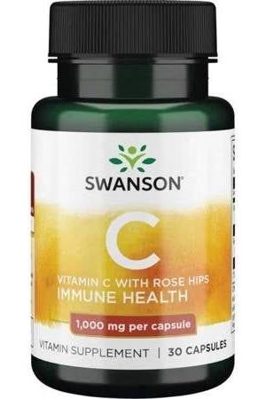 Swanson Vitamin C supplement bottle with 30 capsules for immune health and collagen support.