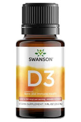 Swanson Vitamin D3 Liquid supplement in a 29.6 ml bottle for immune support and bone health.