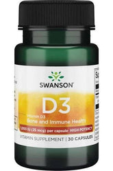 Swanson Vitamin D3 supplement bottle promoting bone and immune health, contains 30 capsules.