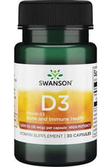 Swanson Vitamin D3 supplement bottle promoting bone and immune health, contains 30 capsules.