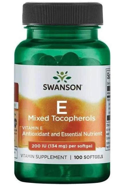 Swanson Vitamin E Mixed Tocopherols supplement bottle with 100 softgels, strong antioxidant benefits.
