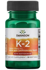 Swanson Vitamin K2 with Nattokinase in a green bottle for bone and cardiovascular health, 30 softgels.
