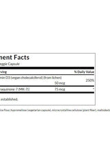 Swanson Vitamins D3 & K2 supplement facts panel showing dosage and ingredients for vegan capsules.