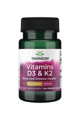 Swanson Vitamins D3 & K2 capsules in a green bottle for bone and immune health, vegan dietary supplement.
