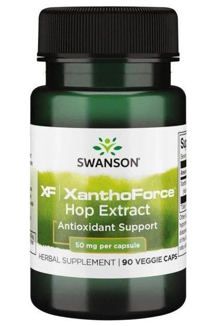 Swanson XanthoForce Hop Extract bottle, 90 veggie caps for antioxidant support, 50 mg per capsule.