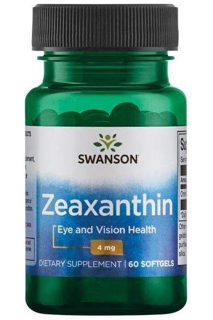 Swanson Zeaxanthin dietary supplement bottle for eye and vision health, 4 mg, 60 softgels.