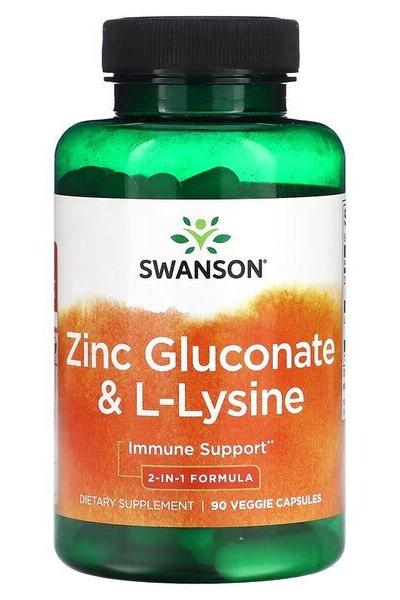 Swanson Zinc Gluconate & L-Lysine supplement bottle for immune support, 90 vegetarian capsules.