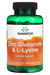 Swanson Zinc Gluconate & L-Lysine supplement bottle for immune support, 90 vegetarian capsules.