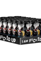 Display of 24 I am F-cked Up PWO drinks in a box, promoting healthy energy and well-being.