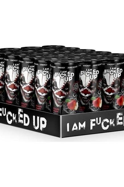 Display of 24 I am F-cked Up energy drink cans, promoting healthy energy and wellness.