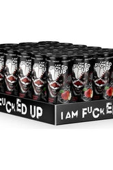 Display of 24 I am F-cked Up energy drink cans, promoting healthy energy and wellness.