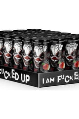 Display of 24 I am F-cked Up energy drink cans, promoting healthy energy and wellness.