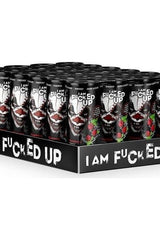 Display of 24 I Am F-cked Up PWO energy drink cans on a black pallet, highlighting the unique packaging.