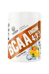 Swedish Supplements BCAA Engine 4:1:1 in Crazy Mango flavor, 400g container for muscle recovery and growth.