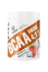 Swedish Supplements BCAA Engine 4:1:1, 400g protein powder for muscle growth in strawberry midsummer flavor.