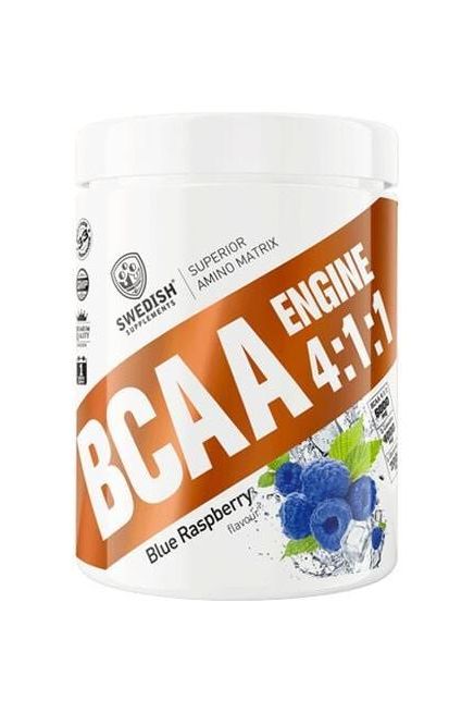 Swedish Supplements BCAA Engine 4:1:1 protein powder in Blue Raspberry flavor for muscle growth and recovery.