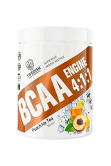 Swedish Supplements BCAA Engine 4:1:1 protein powder, Peach Ice Tea flavor, for muscle recovery and growth.