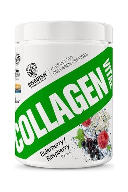 Swedish Supplements Collagen Vital powder in Elderberry Raspberry flavor, promoting skin and joint health.