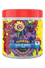 Crazy 8 PWO Blue Ice Rocket flavor pre-workout supplement jar with vibrant graphic design.