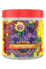 Swedish Supplements Crazy 8 PWO Pineapple Express flavor, featuring vibrant skull design and energizing pre-workout formula.