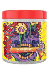Swedish Supplements Crazy 8 PWO Mango Madness flavor pre-workout supplement jar with vibrant artwork.
