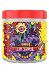 Swedish Supplements Crazy 8 PWO Berry Explode flavor pre-workout supplement jar with vibrant design.