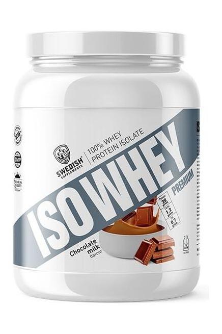 Swedish Supplements ISO Whey protein isolate jar with chocolate milk flavor, promoting muscle recovery and weight management.