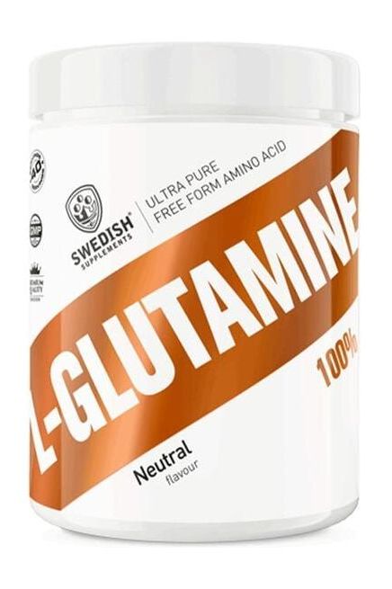Swedish Supplements L-Glutamine 100%, 250g container for muscle recovery and support, neutral flavor.