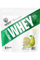 Swedish Supplements Lifestyle Whey protein powder, vanilla pear flavor, in a 900g bag, effective for muscle recovery.