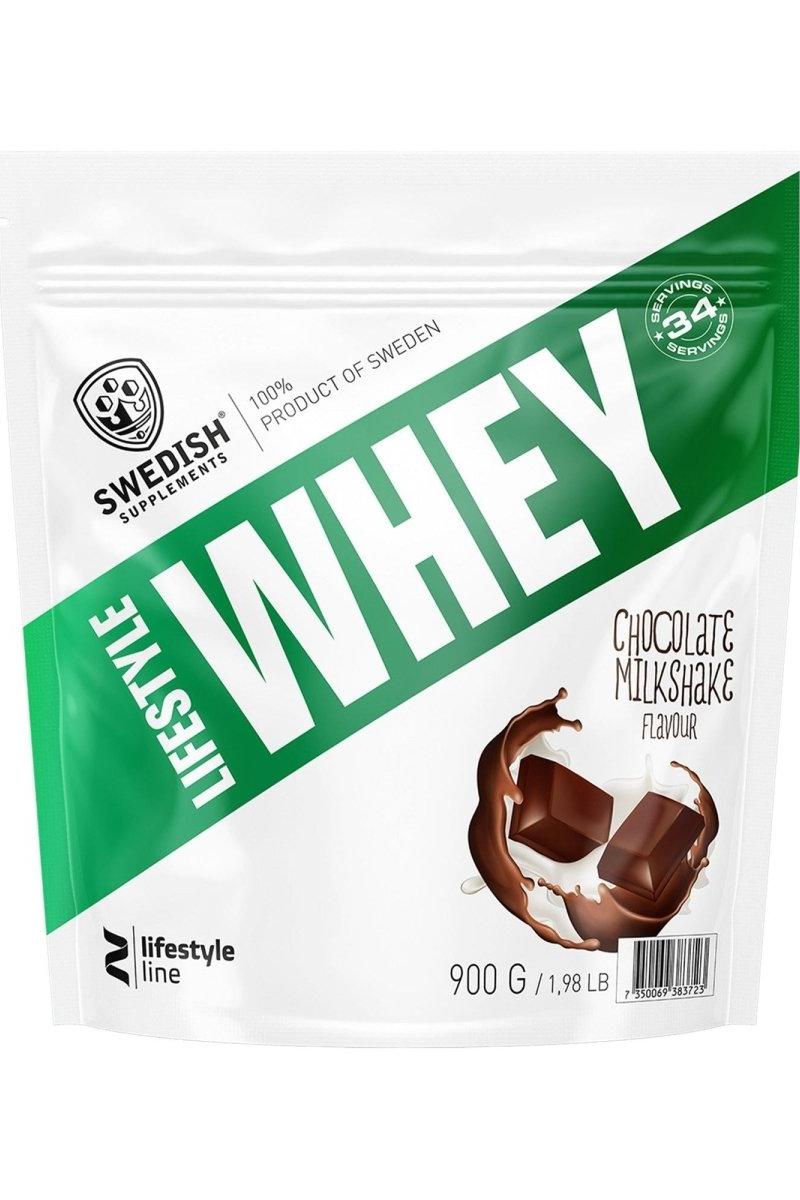 Lifestyle Whey protein powder from Swedish Supplements, chocolate milkshake flavor, 900g, 34 servings, high protein content.